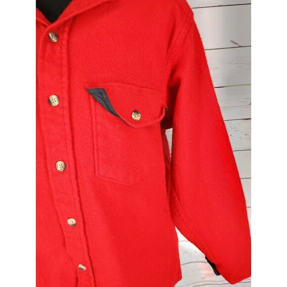 Vintage Woolrich Mens M Red Wool Leather Look Collar Elbow Patches Shirt Hunting - Picture 5 of 7